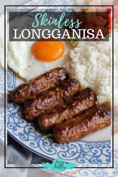 a plate with meat, rice and an egg on it that says skinnyness longganistaa