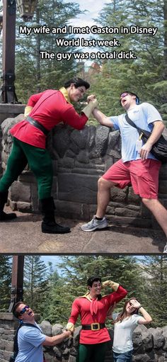 three photos of people dressed in costumes and posing for the camera, one with his arm around another man's neck