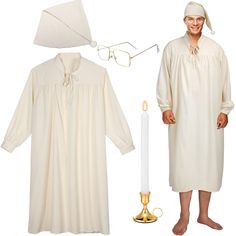 PRICES MAY VARY. Quality Material: the men's nightgown set is made from quality polyester cotton, which offers comfort and durability; The elegant beige color of the men's night sleeping cap creates a pretty look; The candle holder and the clear glasses for men with gold frames are made of metal, enhancing their longevity Nice Design: the mens humbug nightshirt set is designed with the consumer's comfort in mind, offering a soft fabric men's nightshirt that offers a restful sleep; The men's nigh Mens Nightgown Vintage, Candle Costume, Mens Nightshirts, Oc Lore, Men's Nightgown, Pajama Men, Oc Fashion, Sleeping Man, Sleeping Cap