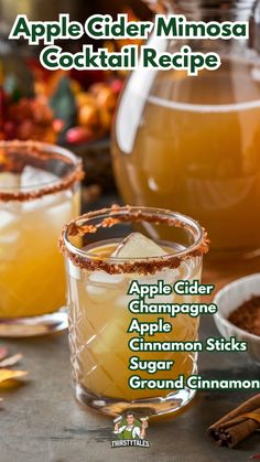 an apple cider mimosa cocktail recipe with apples and cinnamon in the background