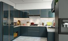 a modern kitchen with blue cabinets and marble counter tops, along with stainless steel appliances