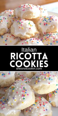 Ricotta cookies on a white plate. Lemon Cookie Glaze, Italian Lemon Ricotta Cookies, Ricotta Cheese Cookies, Ricotta Cookies Recipe, Italian Cookie Recipe, Italian Lemon Cookies, Italian Ricotta Cookies, Lemon Ricotta Cookies, Italian Cookie