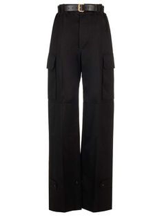 "Cassandre" cargo trousers in cotton gabardine from Saint Laurent, wide leg, high waist, central pleat and Cassandre embroidery on the side pocket. Ysl Pants, Cassandre Saint Laurent, Luxury Pants, Versace Designer, Trousers For Women, Best Wallet, Cargo Trousers, Shirt Skirt, Square Scarf