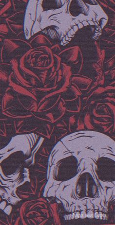 two skulls with roses in the background and one skull on the right side, as if it were red or blue