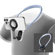 an image of a camera attached to the back of a white object with a blue cord