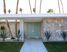 a house with palm trees in front of it and a green door on the side