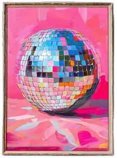 a painting of a disco ball on a pink background