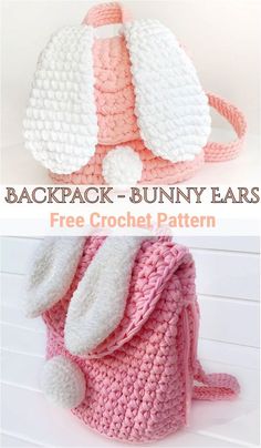 two crocheted bags with bunny ears on the front and back, one in pink and