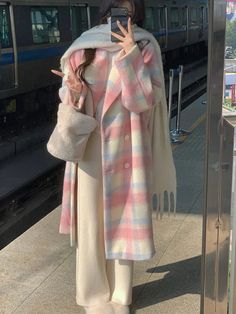 Rainbow Woollen Loose Plaid Long Coats Female Trench Jacket Winter Mode Outfits, Modest Outfit, Uni Outfits