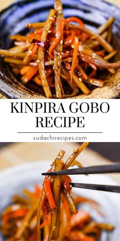 this is an image of some kind of food with chopsticks in it and the words, knipra gobo recipe