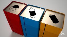 three different colored trash cans with black and white images on the top one is red, yellow, and blue