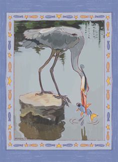 a painting of a bird standing on top of a rock