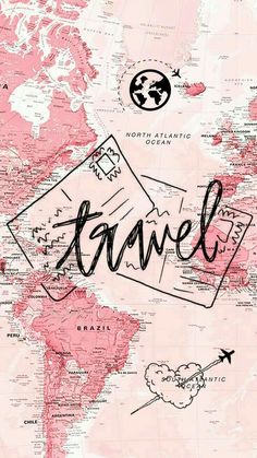 a map with the word travel written on it and an airplane in the sky above