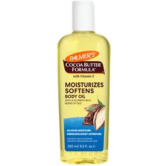 Palmer's Cocoa Butter Formula Moisturizing Body Oil, Enriched with Vitamin E, absorbs quickly and has a light scent. It moisturizes and soothes rough, dry skin without feeling greasy. You can use it after a shower or add it directly to your bath. The bottle has a flip-top cap for easy application. Size: 8.5 fl oz.  Color: Clear. Palmer's Cocoa Butter, Coconut Oil Body, Pure Cocoa Butter, Palmers Cocoa Butter, Cocoa Butter Formula, Essential Oil Mixes, Butter Oil