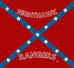 two red and blue flags with the words nighthawk rangers in white letters on them