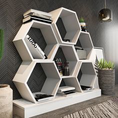 an unusual shelving unit in the shape of hexagons