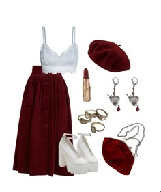 Red Skirt And White Top Outfit, Outfits To Wear With Red Lipstick, Red And White Clothes Aesthetic, Long Red Skirt Outfit Aesthetic, Black Outfit Red Accessories, Red Outfit Collage, Red And Black Skirt Outfit, White Platform Heels Outfit, Red And White Aesthetic Outfit