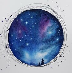 a watercolor painting of the night sky with stars and trees on it's side