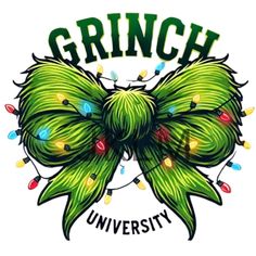 a green bow with lights on it that says grin university