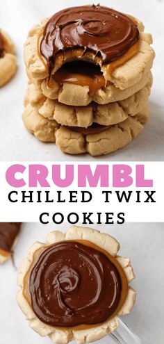 a stack of cookies with chocolate on top and the words crumbl chilled twix cookies