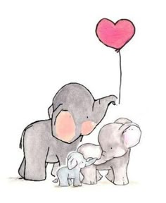 an elephant and two baby elephants with a heart balloon