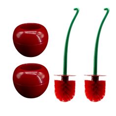 two red vases with green stems and one has a toothbrush in the shape of an apple