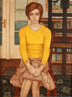 a painting of a woman sitting on a chair in front of a bookshelf