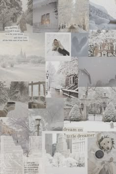 a collage of photos with buildings and trees covered in snow