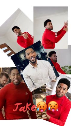 a collage of photos with men in red sweaters and emoticions on them