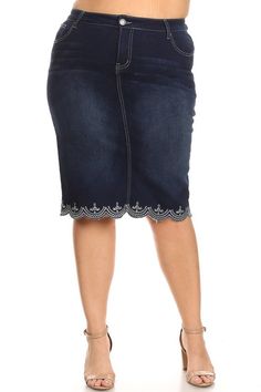 You will love this adorable Jean skirt that has lace detailing along the hem. It is mid length and comes below the knee. It has a solid, yet stretchy form to it and fits wonderfully! This skirt measures true to size. Measures 28 inches in length XS: Waist 28", Hip 35" small- Waist: 30" Hip 37.25" Medium- Waist: 32.25", Hip: 39.5" Large-Waist: 34.5", Hip 41.75" XL: Waist: 37", Hip 44" 2XL: Waist 39.25", Hip 46.25" 3XL: Waist 41.5", Hip 48.5" Stretch Lace Trim Skirt, Casual Fitted Bottoms With Lace Trim, Fitted Denim Pencil Skirt With Frayed Hem, Fitted Pencil Skirt With Frayed Hem, Fitted Skirt With Frayed Hem In Short Length, Stretch Short Denim Skirt With Lining, Fitted Short Skirt With Frayed Hem, Knee-length Fitted Denim Skirt, Spring Skirt With Lace Trim And Stretch