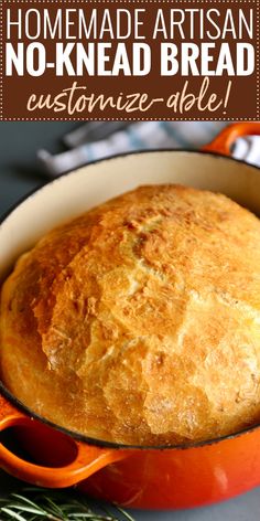 homemade artisan no - knead bread in an orange cast iron skillet