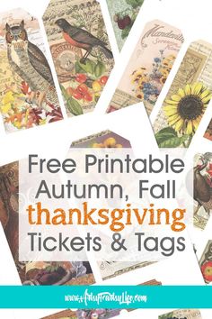 the words free printable autumn, fall thanksgiving tags and tags with images of birds