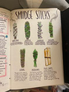 an open book with pictures of plants and words on it that say smudge sticks