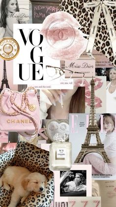 the collage is filled with different items including perfumes, leopard print and a dog