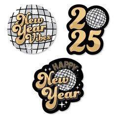 three new year's stickers with the words happy new year