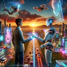 two robots are shaking hands in front of a cityscape with futuristic cars and flying objects