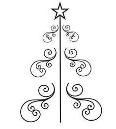 a black and white drawing of a christmas tree with swirly branches, star on top