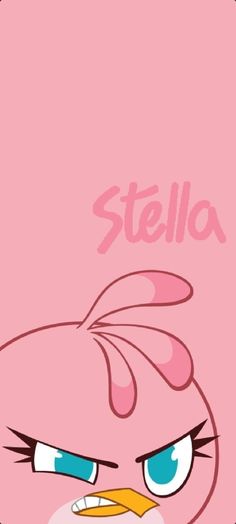 an angry pink bird with the word stella on it's chest and eyes closed