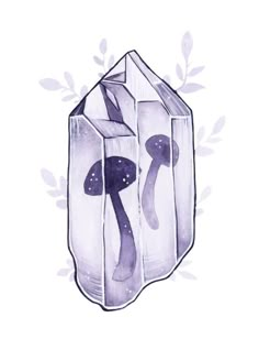 an illustration of two glass boxes with mushrooms in them and leaves around the edges, one containing purple ink on white paper