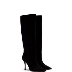 Kate Boot In Black Suede | Larroude Shoes Chic Winter Knee-high Boots With Snip Toe, Sleek Suede Boots For Fall, Chic Pointed Toe Heeled Boots With Suede Lining, Chic Snip Toe Heeled Boots For Winter, Chic Winter Heeled Boots With Snip Toe, Chic Almond Toe Boots With Suede Lining, Elegant Knee-high Heeled Boots With Suede Lining, Elegant Mid-calf Snip Toe Boots For Fall, Luxury Suede Knee-high Boots With Pointed Toe