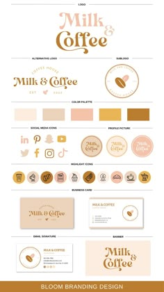 Milk & Coffee Logo - modern logo Branding Package Template, Business Branding Template, Patisserie Branding Visual Identity, Brand Sheet Style Guides, Brand Package Template, Brand Identity Kit Template, Brand Identity System Design, Canva Brand Kit Colors, Brand Design Package