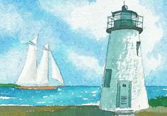 a painting of a lighthouse with a sailboat in the water