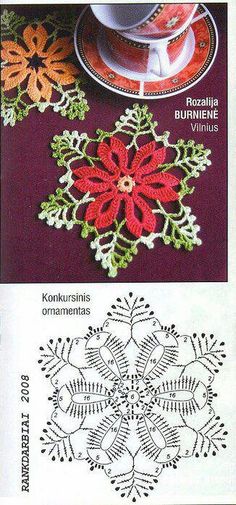 crocheted doily patterns with coffee cup and saucer in the background, including poinsettis