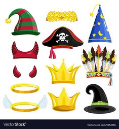 various hats and other items for halloween or thanksgiving celebrations on a white background with clippings