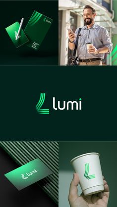 the logo for lumi is shown in three different colors and font styles, including green