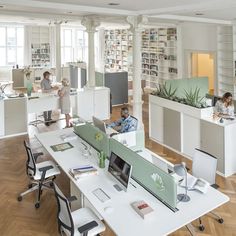 an office filled with people working on their laptops in front of bookshelves