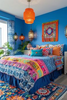 a bed room with a neatly made bed and blue walls