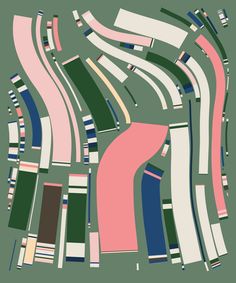 an abstract pattern made up of lines and rectangles in shades of pink, green, blue, and brown