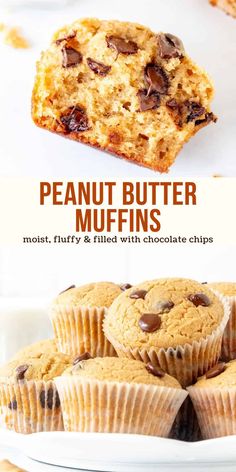 peanut butter muffins on a plate with chocolate chips