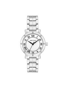 Anne Klein Silver- Tone Roman Numeral Dial Bracelet Watch Classic White Watches With Bracelet Strap, Formal White Watches With Bracelet Strap, Formal White Watch With Bracelet Strap, Classic White Watches With Metal Dial, Classic White Watch With Metal Dial, Timeless Diamond Watch With Round Dial, Timeless White Watch With Bracelet Strap, Elegant White Stainless Steel Watch Accessories, Elegant White Metal Watch